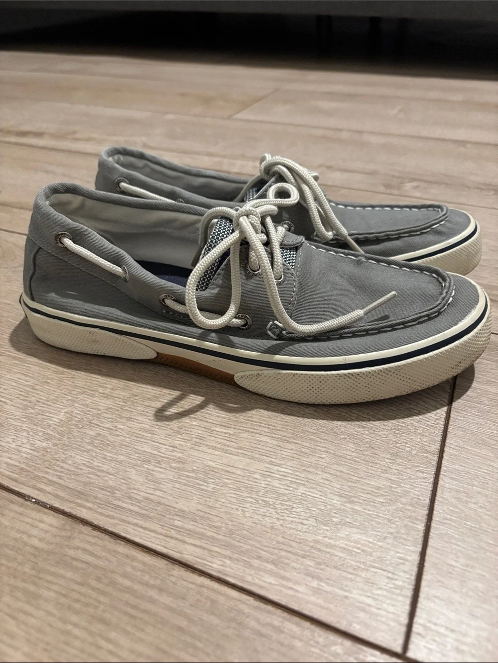 Sperry Men's Gray Canvas Boat Shoes with White Laces